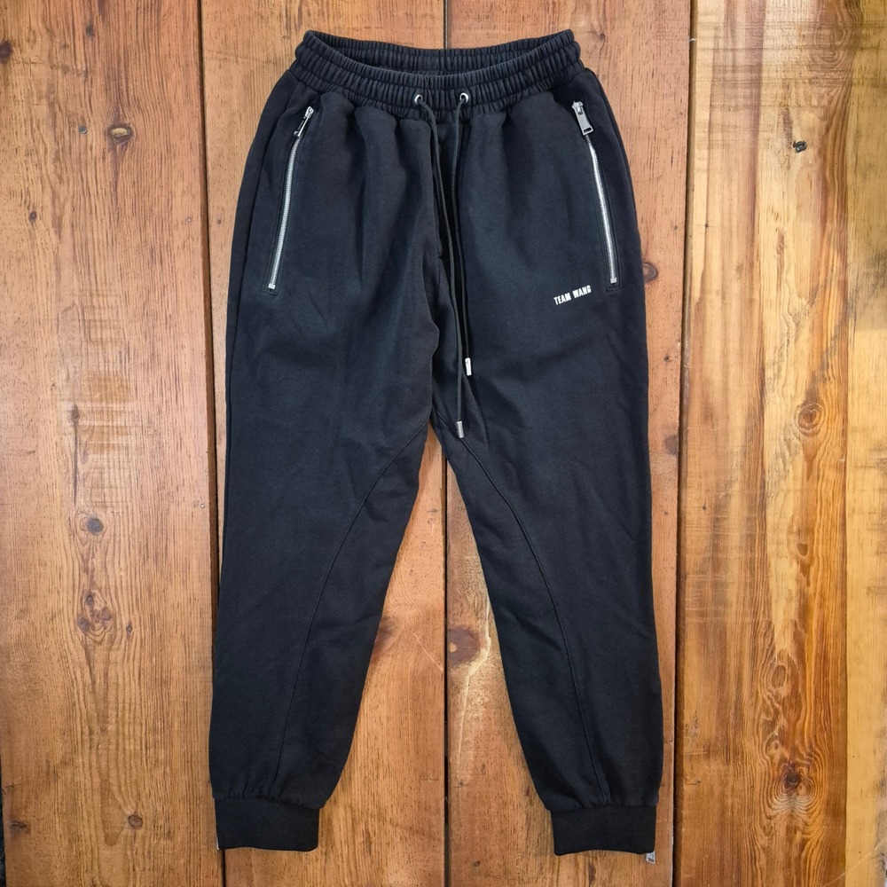 Team Wang Design Black Logo Joggers Sweatpants Silver Zipper Ankle Size 1